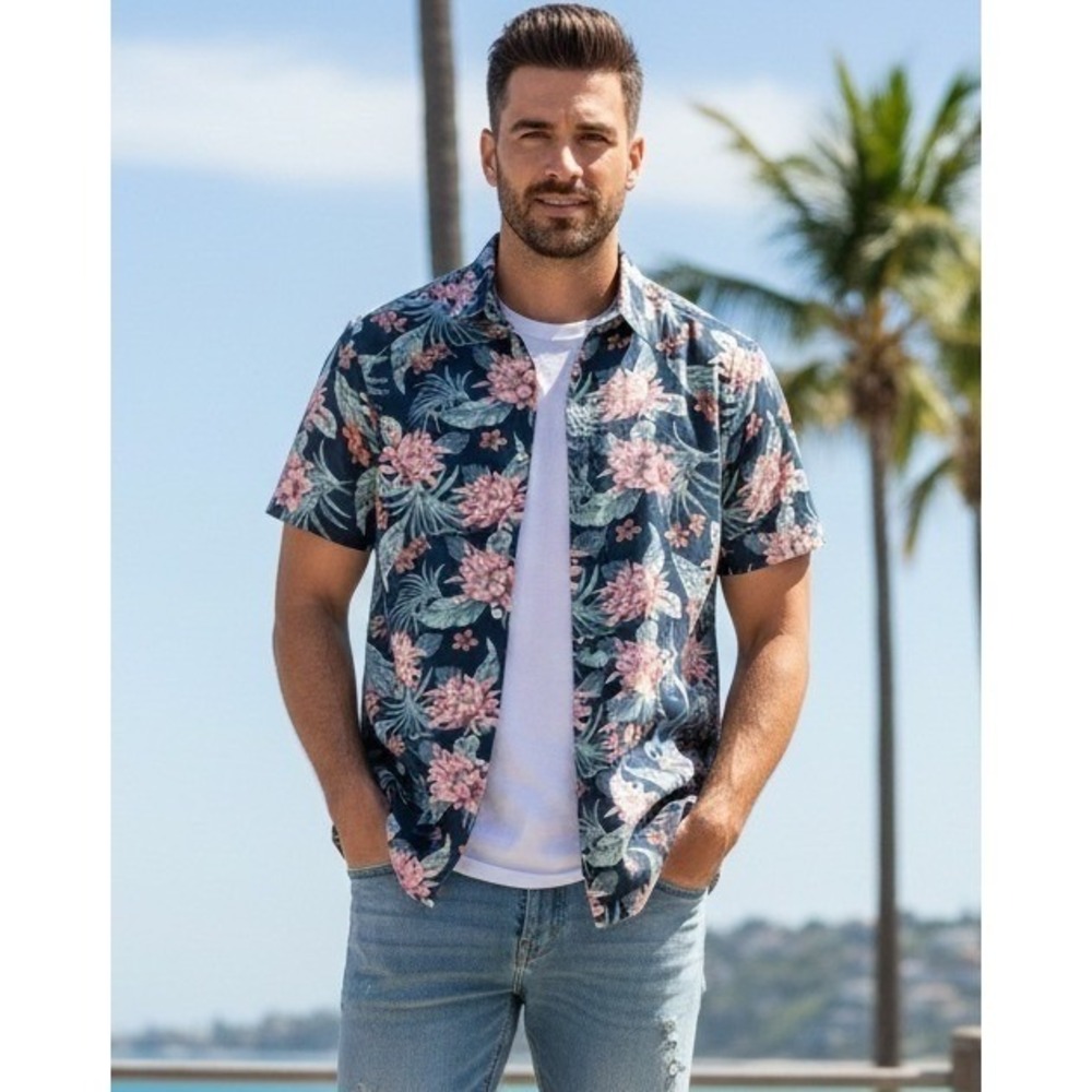 Denim & Flower Ricky Singh Floral‎ Hawaiian Shirt Men's L Beach Button Up Summer